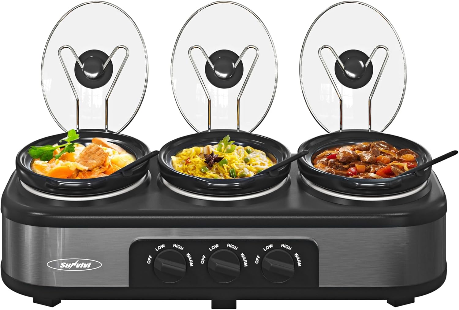 Triple Slow Cooker, Buffet Food Warmer with 3 x 1.5 QT Removable Ceramic Pots, Buffet Servers and Warmers with Glass Lids and 3 Spoons, Stainless Steel, Grey