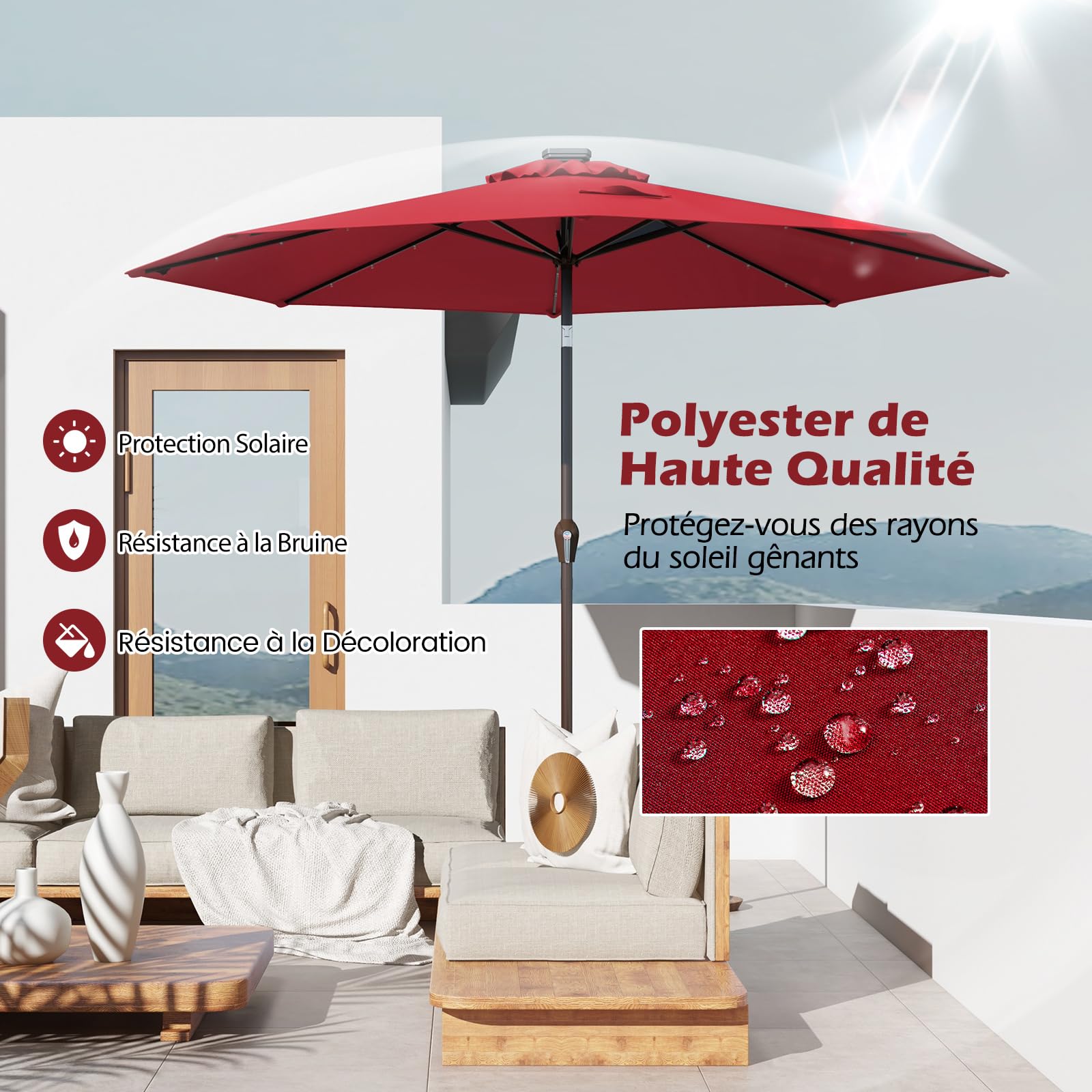 RELAX4LIFE Parasol Inclinable LED Dia.3M avec Éclairage Solaire, 8 Baleines, Inclinaison Réglables Parasol de Jardin Extérieur pour Balcon Terrasse Patio Café Bistro (Φ300x250cm,Rouge)