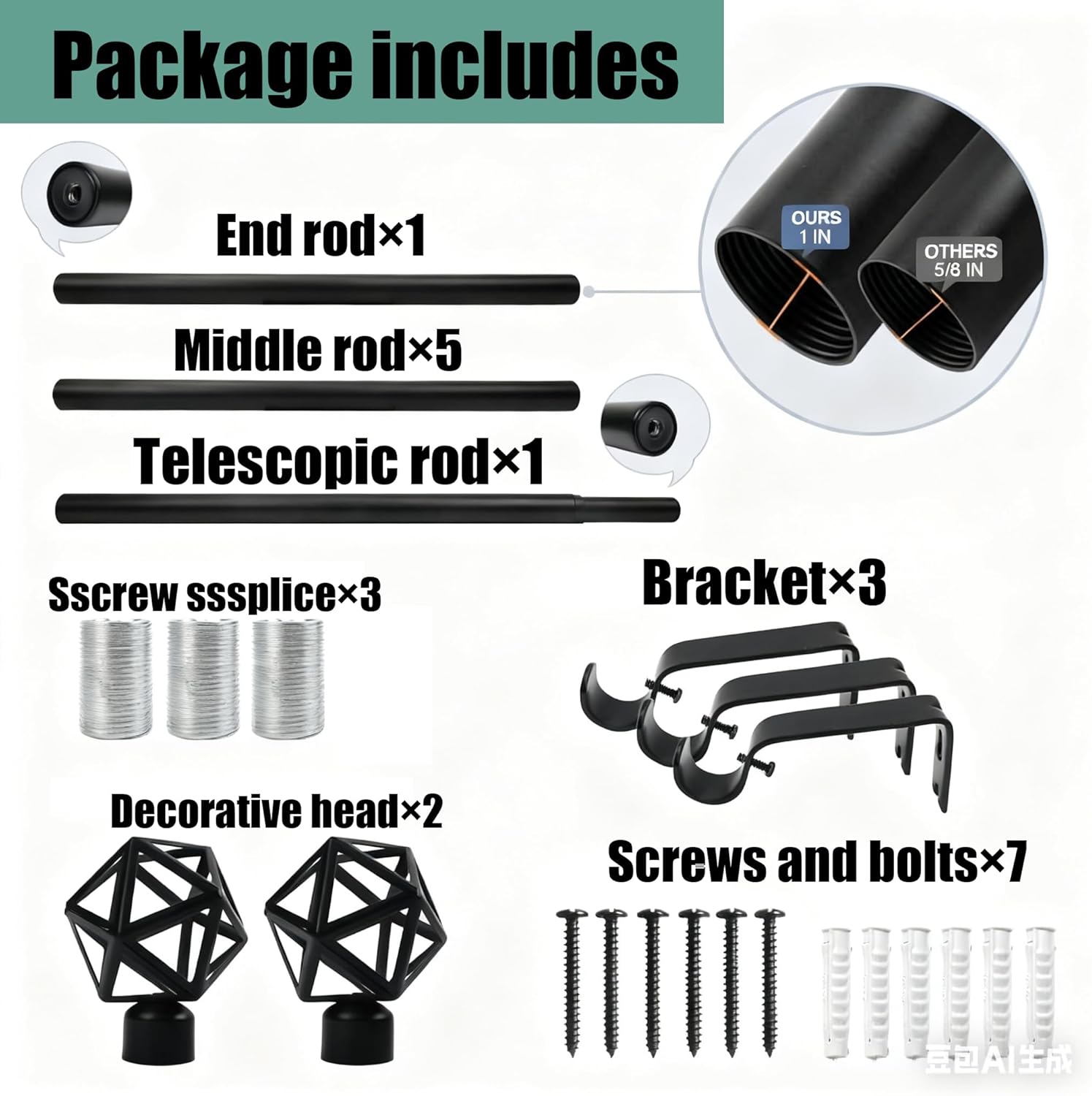 Curtain Rods for Windows 66 to 120 Inches, Telescoping Splicing Single Rods, Adjustable Length 1 Inch Diameter Window Curtain Rod for Outdoor Farmhouse Bedroom Kitchen Living Room Black