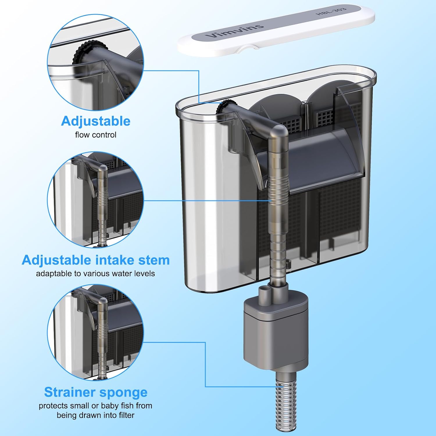 Vimvins Small Aquarium Filter, Quiet Fish Tank HOB Filters for 2 to 10 Gallon Aquariums, Adjustable Flow（Model: 302）