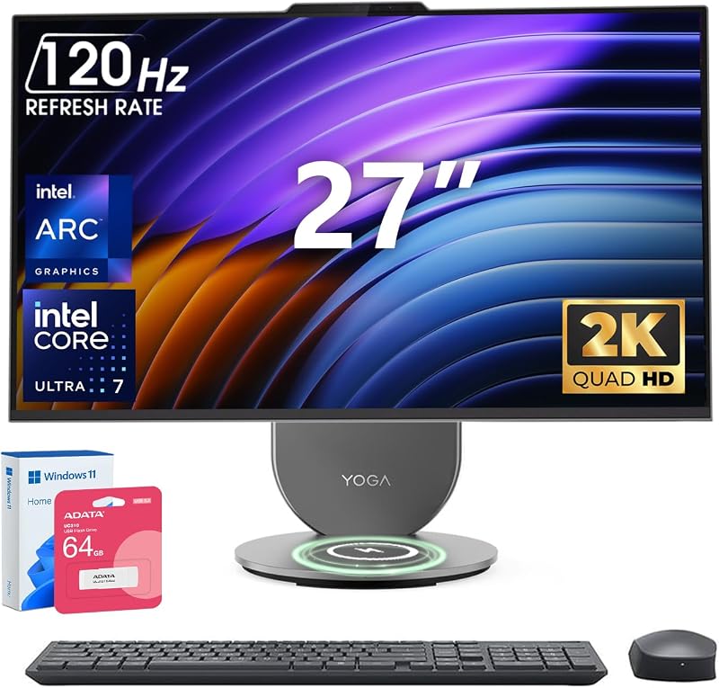 Computadora de escritorio todo en uno para yoga PC con IA, Ultra 7 255H, Intel Arc 140T | Pantalla IPS QHD 27", 16 GB LPDDR5X RAM, 1 TB SSD, Copilot+, WiFi 7, teclado y ratón inalámbricos, Win11 Home, con USB de 64 GB, gris