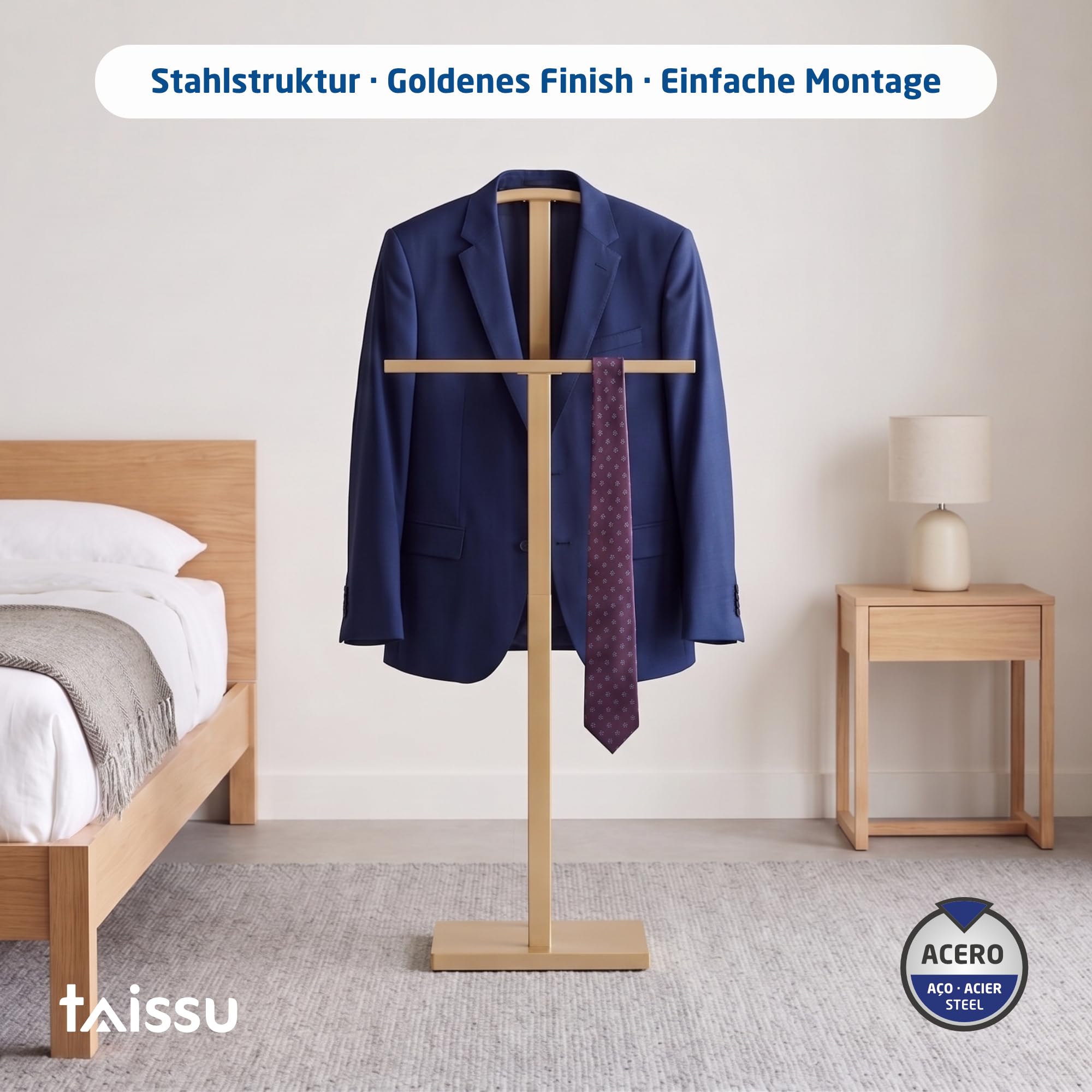 Herrendiener Mod. ADAK - Farbe Mattgold - Mit Oberer Kleiderstange und Hosenstange - 52 x 18 x 100 cm - Stahl mit Betonbasis - Herrendiener für das Schlafzimmer