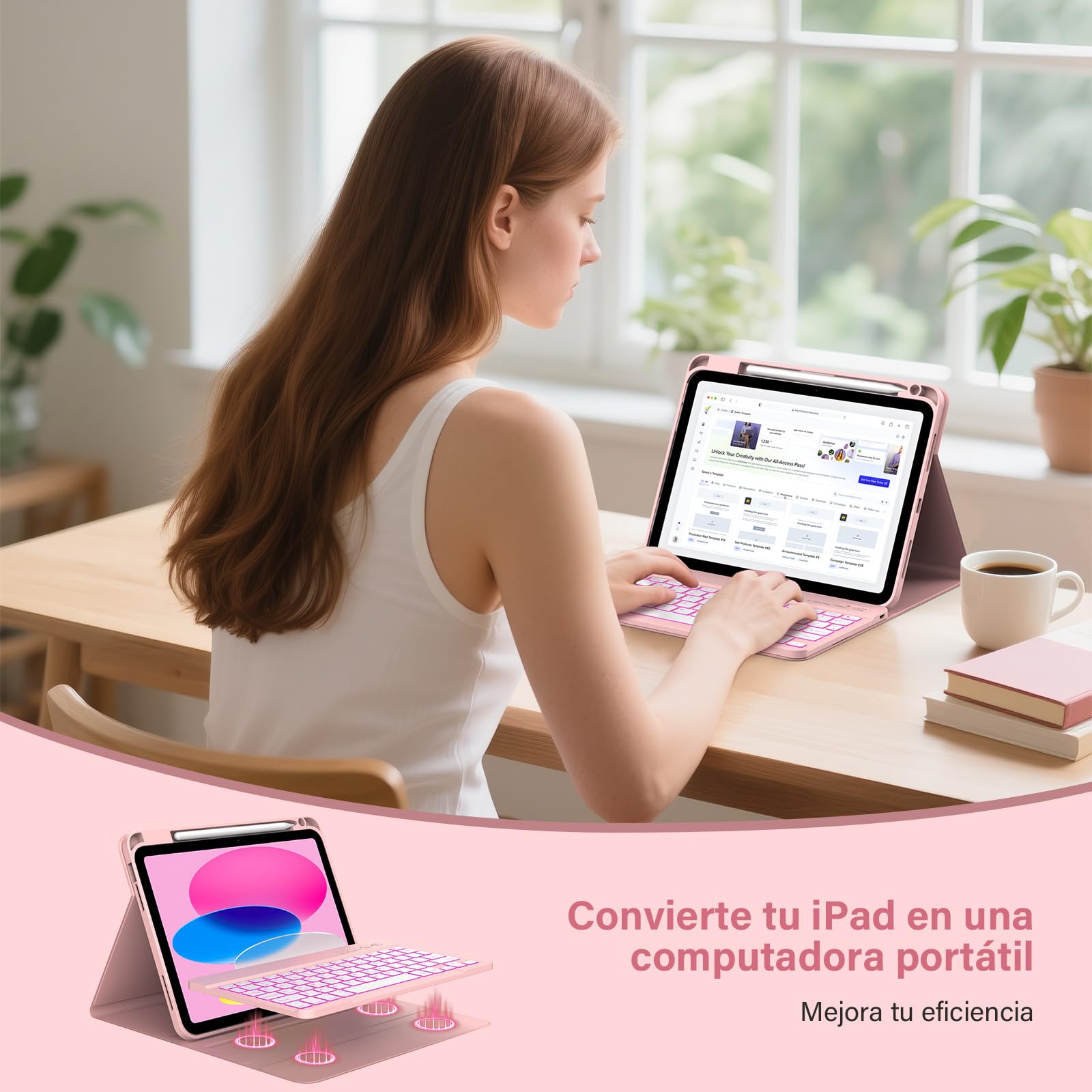 KBCASE Teclado for iPad A16 11.ª Generación 2025/10.ª Generación 2022 (10.9/11 Pulgada), Retroiluminado de 7 Colores Bluetooth Magnéticamente Teclado para iPad 11/10 Gen, Español Ñ, Rose