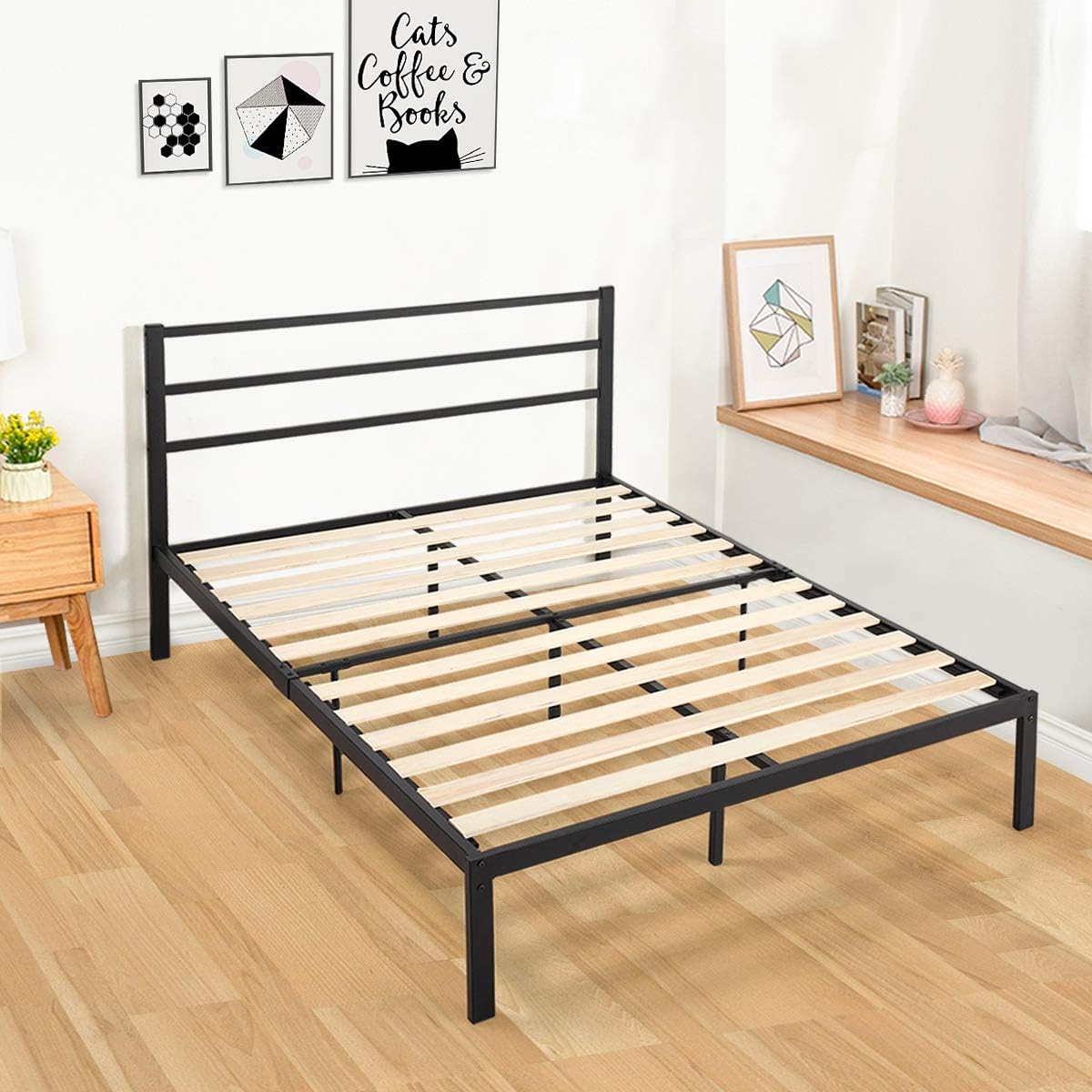 Full Size Wooden Slat Metal Bed Frame Wood Platform Bedroom Mattress