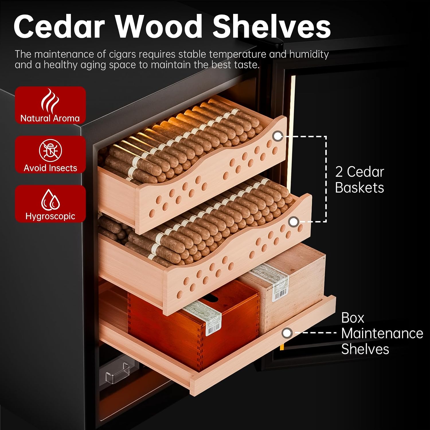 CIGARLOONG Electric Cigar Humidor for 300 Cigars, 50L Cooling Humidor Cabinet with Temperature & Humidity Control, Cigar Cooler with Water Tank, 3 Layer Cedar Wood Lined Shelf, Gift for Men