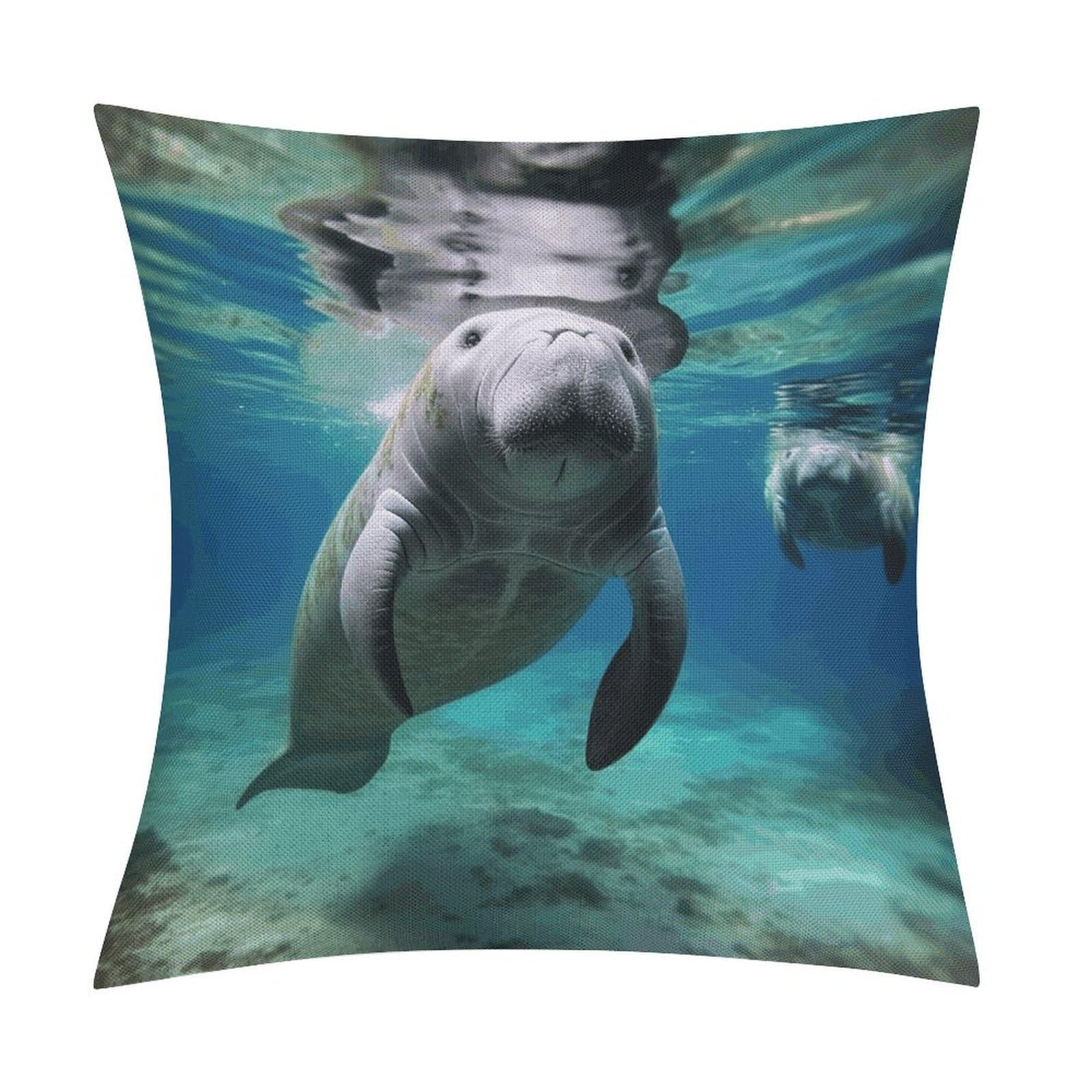 LZQPOEAS Ocean Animal Manatee Throw Pillow Covers, Waterproof Faux Linen Pillow Cases with Invisible Zipper, Decorative Square Cushion Covers for Sofa Couch Living Room Bedroom 18x18 Inch