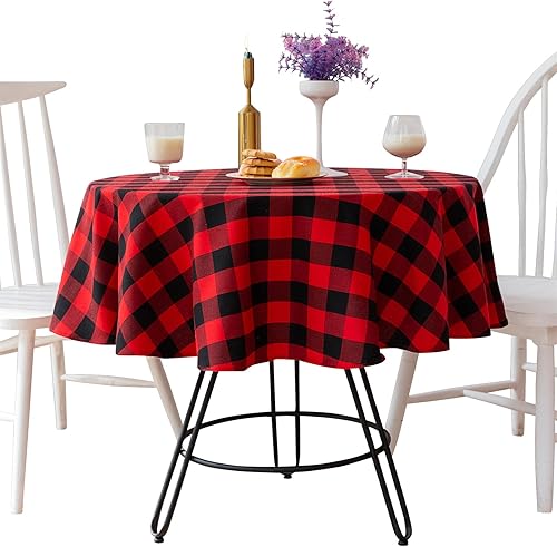 Mantel redondo a cuadros rojos y negros de 55 pulgadas, impermeable y resistente a las manchas, mantel a cuadros para cocina, comedor, interior y Mantel redondo a cuadros rojos y negros de 55 pulgadas, impermeable y resistente a las manchas, mantel a cuadros para cocina, comedor, interior y