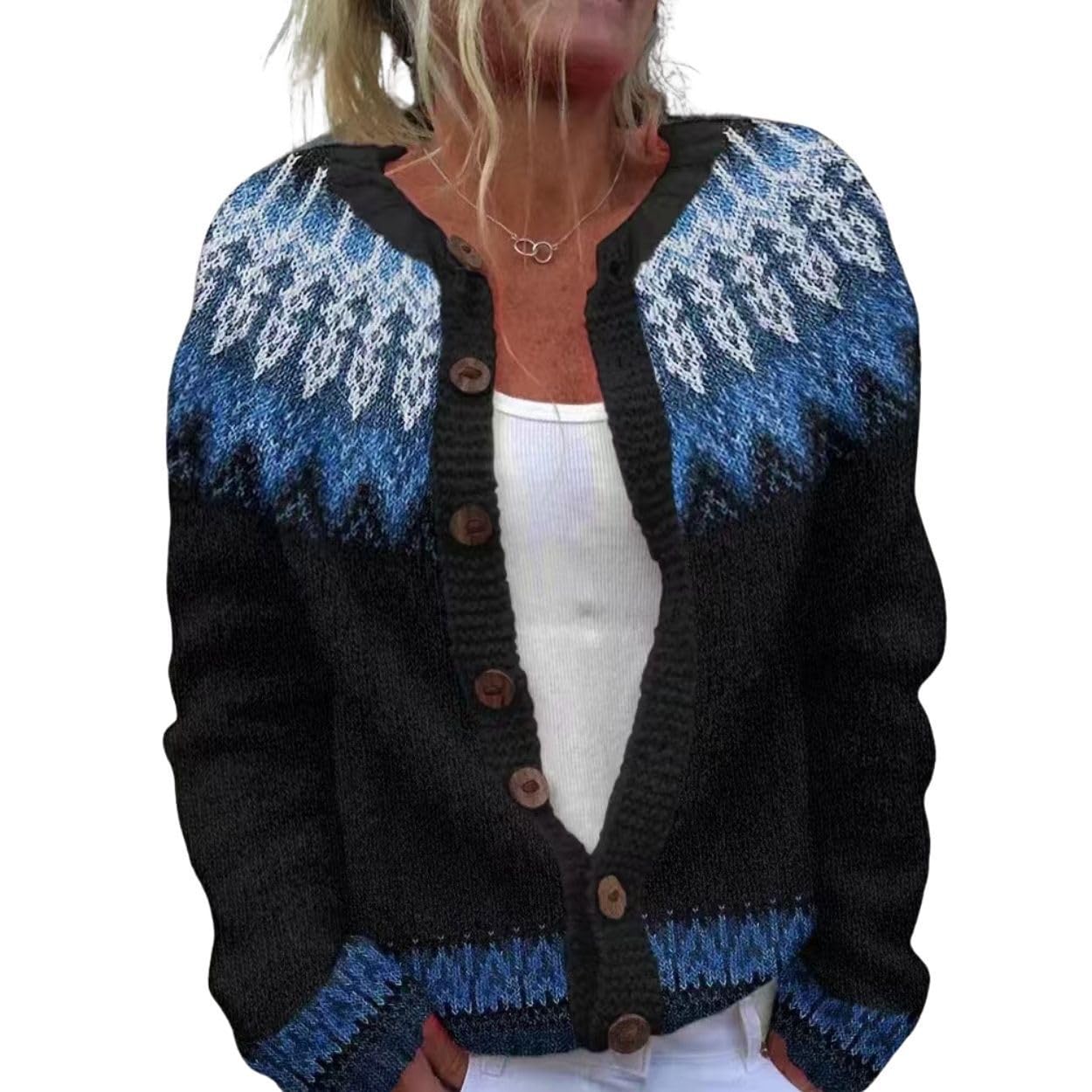 Women Fair Isle Cardigan Sweater Crewneck Button up Sweater Ethnic Graphic Chunky Knit Cardigan Open Front Fall Clothes