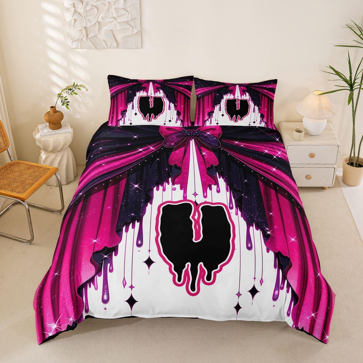 jejeloiu Personalized Initial A Duvet Cover Toddler Size Pink Glitter Bow Bedding Set for Boys Girls Gohtic Style Bowknot Comforter Cover Bedroom Decor 2Pcs No Comforter