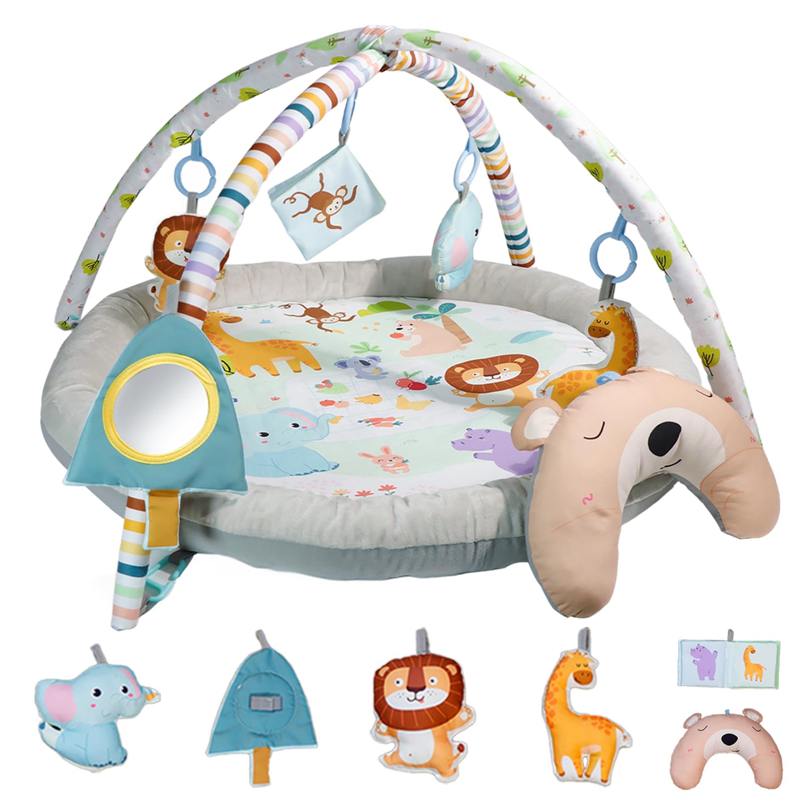 Palestrina Neonato, Tappeto Gioco Attività con 5 Giocattoli Sensoriali e Cuscino Palestrina Neonato Evolutiva per Bambine, Regalo Perfetto Sviluppo Infantile 0-3-6-9-12 Mesi, Bambini Tummy Time