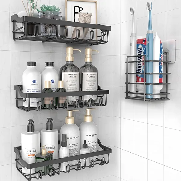 Hsiohe 4 Pack Shower Caddy - Adhesive Organizer for Bathroom Storage, Rustproof Stainless Steel Shelves, No Drilling, Large Capacity Shower Rack, Black