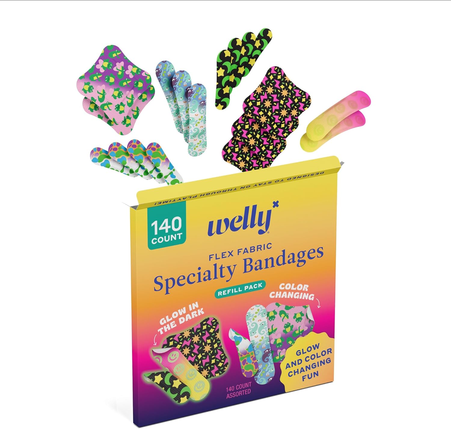 Welly Bandage Assorted Playtime Refill Pack | Adhesive Flexible Fabric Bandages | Glow-in-The-Dark & Color Changing Patterns - 140 Count