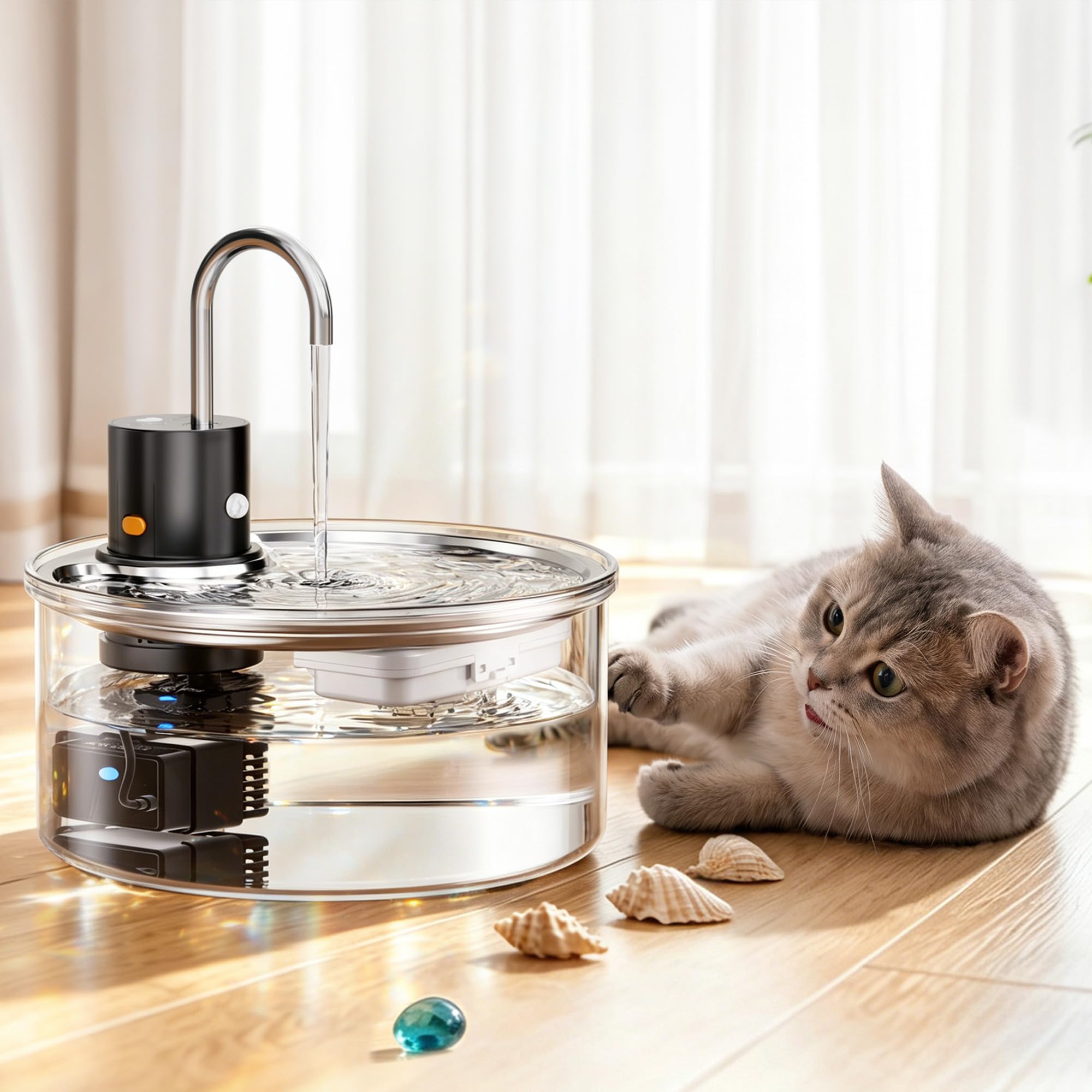 Tomxcute Fuente para Gatos 3,2L de Vidrio con Sensor | Batería de 5000mAh para uso inalámbrico, salida automática de agua y nivel visible de un vistazo