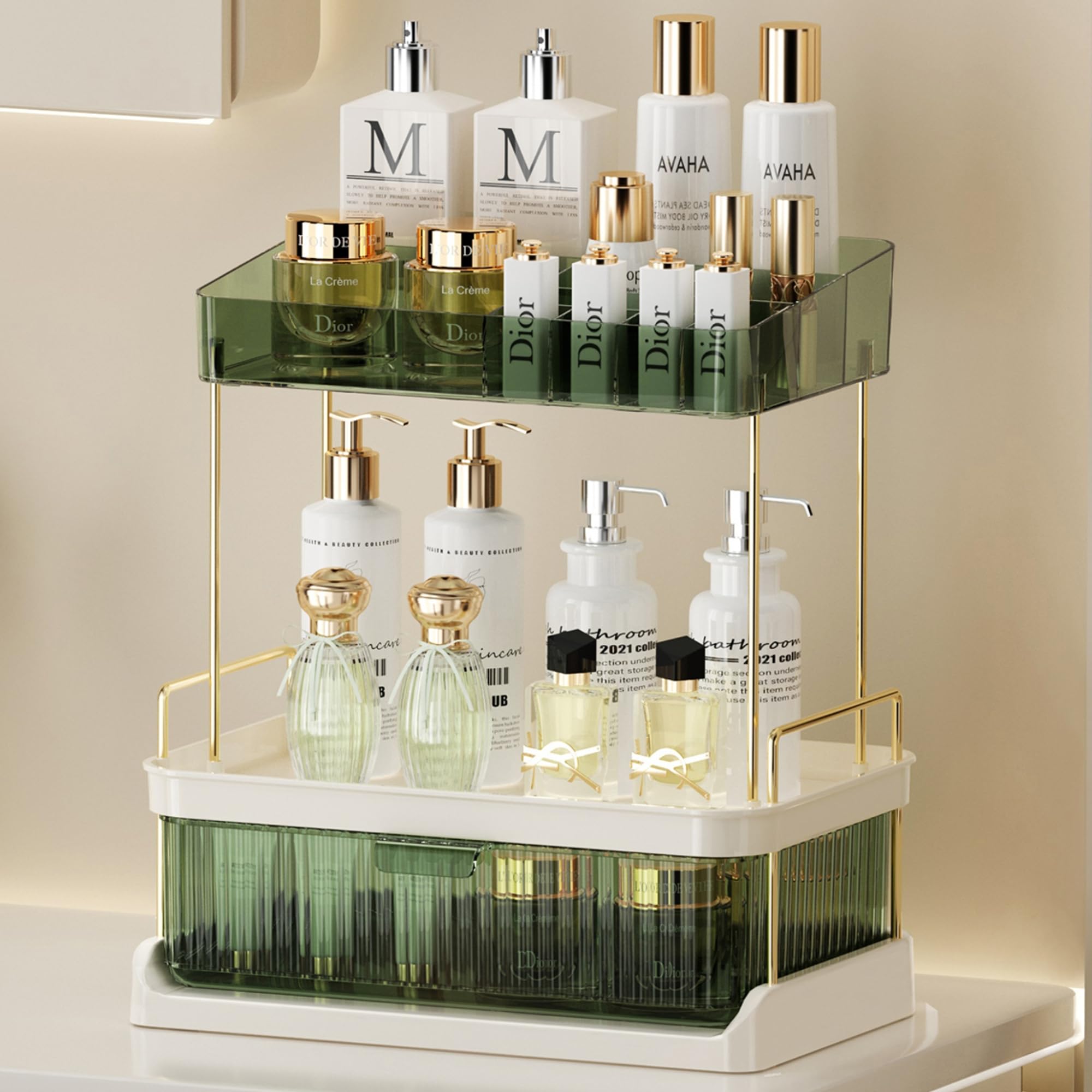 INVSSENE3 Tiers Makeup Organizer for Vanity, with 1 Drawer and Detachable Top Lipstick Holder, Large Capacity Bathroom Countertop Organizer for Cosmetics, Perfume, Skincare - Green Clear