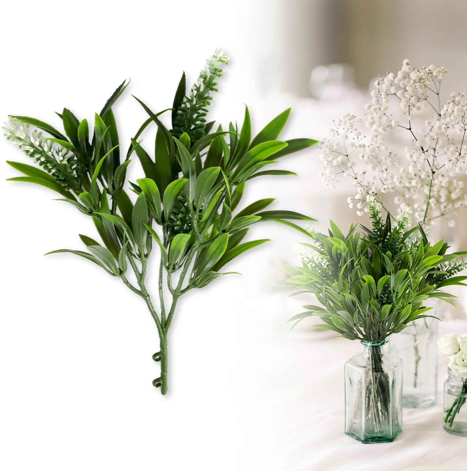 Patio Artificial Flowers Décor 10.5"-30Pcs Fake Plants Bushes Adjustable Outdoor Uv Resistant Realistic Flower Bouquet Faux Decoration Planters for Front Porch Decor Indoor Home, Green