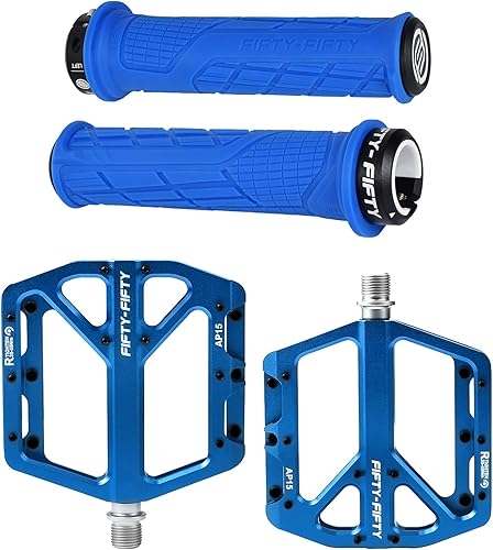 FIFTY-FIFTY Empuñaduras de manillar de bicicleta de montaña, empuñaduras de MTB de bloqueo único, pedales de bicicleta de montaña, pedales planos de