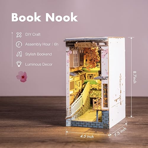 Miniatura 4 de Rolife Kit de rincón de libros de bricolaje 3D de madera para adultos, estantería de 8.7 pulgadas, decoración interior con LED en miniatura, kit de