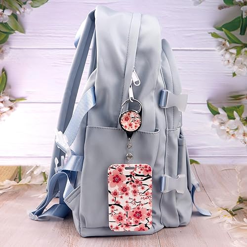 Miniatura 4 de Soporte estético para tarjetas de identificación con carrete retráctil, clip de carrete de flor de cerezo rosa con soporte vertical para tarjetas de