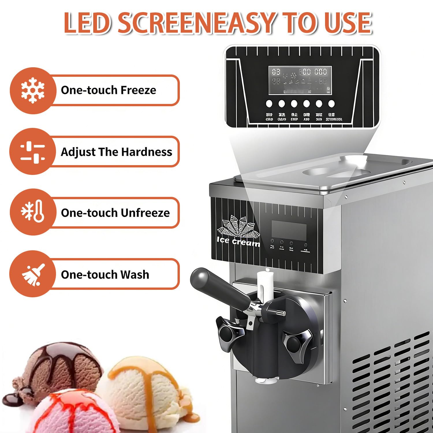 Machine à glace à l'italienne de comptoir,machine à glace professionnelle,refroidissement rapide 450W,fonction autonettoyante et dégivrage, débit de 4 à 5 kg/h, pour bars et restaurants Orange