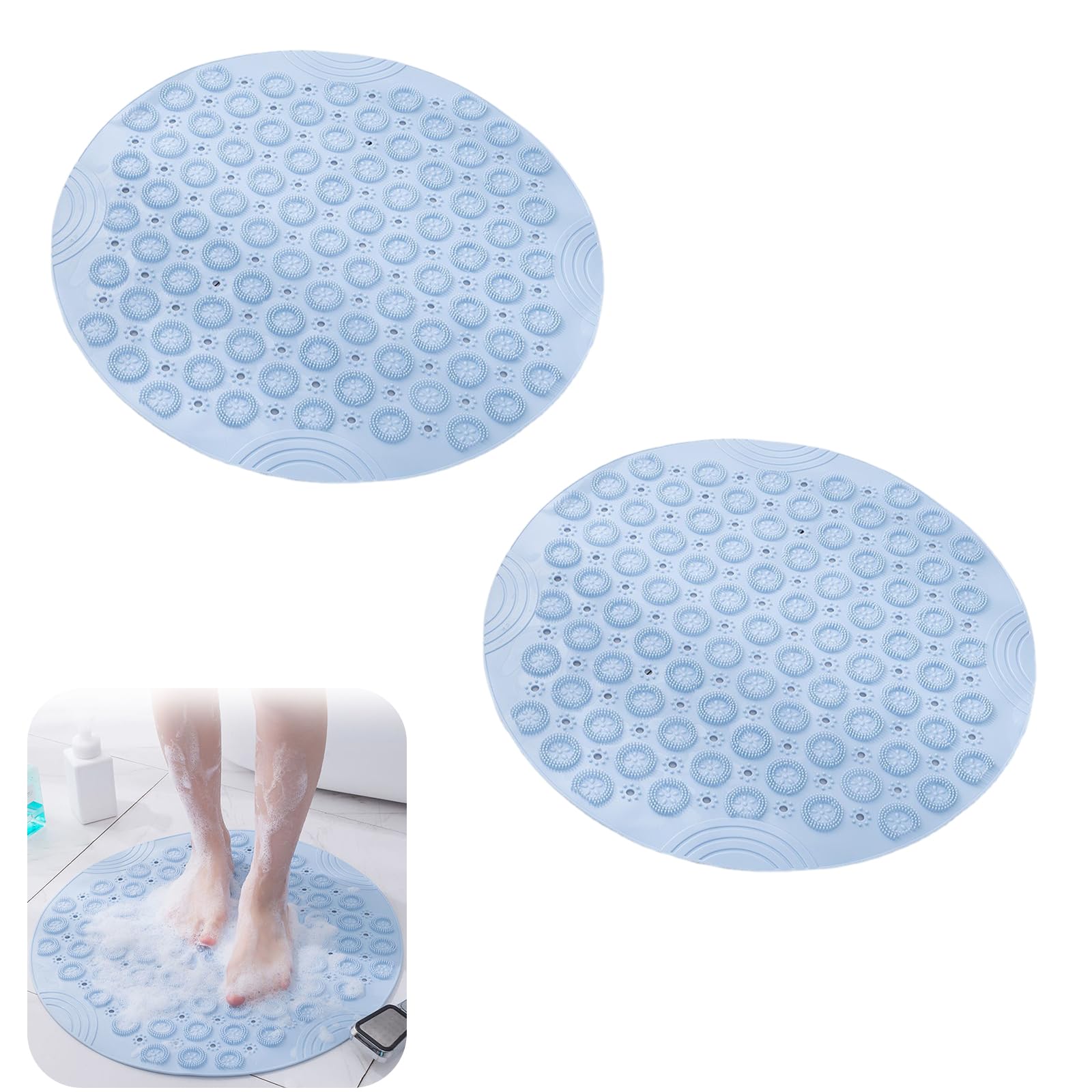 2 Pcs Shower Mat with Suction Cups,WideSmart Shower Mat Non Slip Anti Mould,Round Non-Slip Bath Mat 30*30cm Anti Mould PVC Bath Mats with Drain Hole and Massage Bubble Easy to Clean and Care