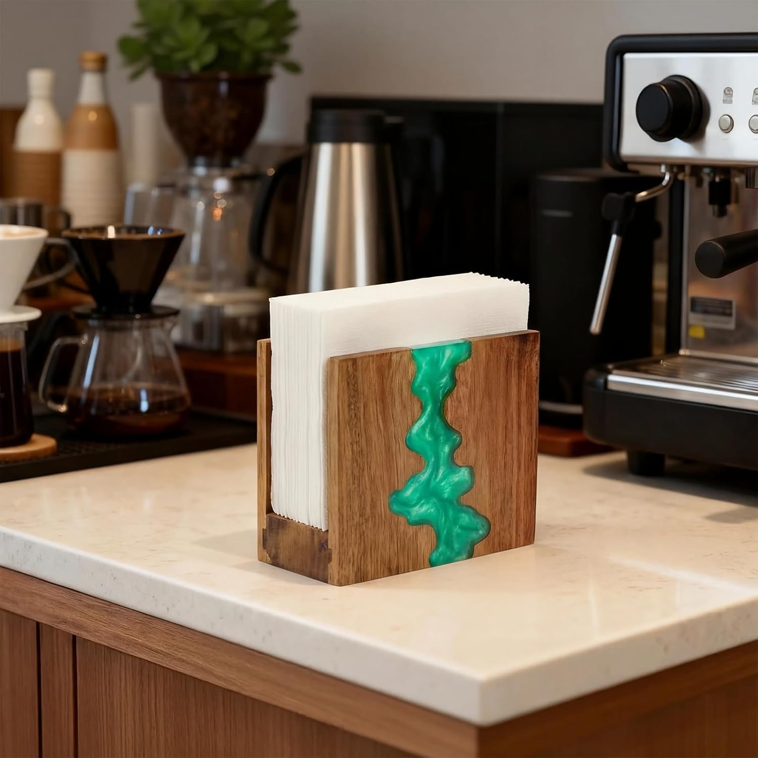 Glow in The Dark Napkin Holder, Acacia Wood & Fluorescent Green Epoxy Resin Tissue Box Holder, Auto-Luminous Night Light for Kitchen Countertop, Unique Bedroom Bathroom Decor(Luminous Green)