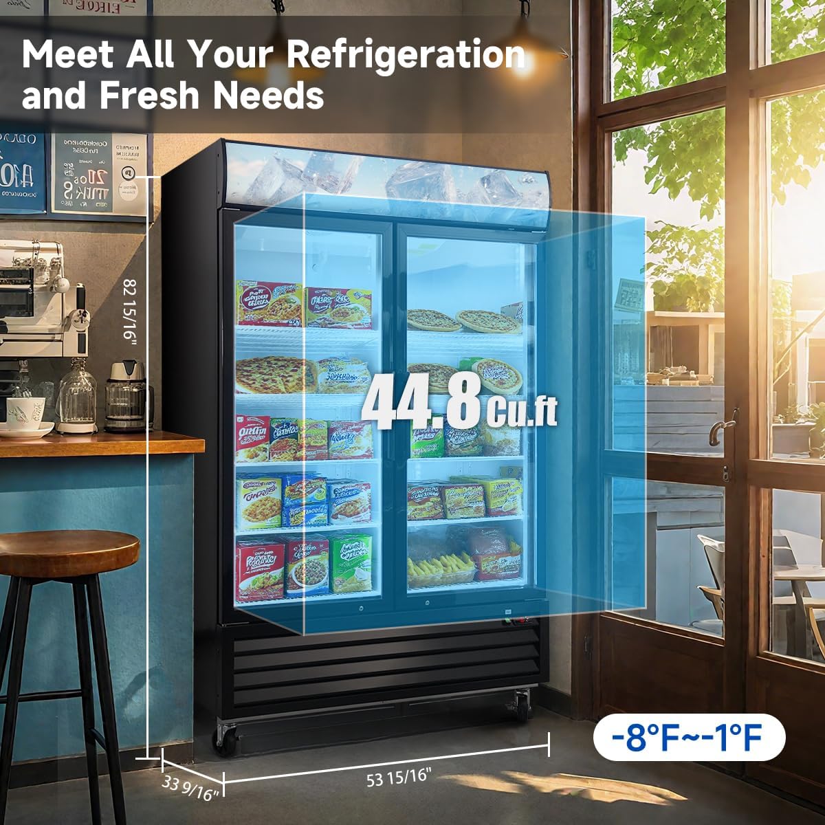 44.7 Cu.ft Display Glass Door Freezer,Commercial Refrigerators with LED Top Panel,Upright Freeze Storage w/Adjustable Reinforced Shelves and 4 Casters,for Restaurant Grocery Stores Home,Black
