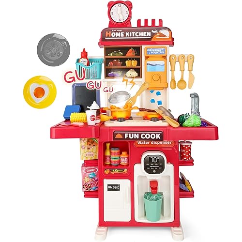 Upgrade Toy Kitchen Set for Kids Toddlers Mini Kitchen Playset with Spray Sink & Realistic Lighting Pretend Cooking Toys for 3 4 5 Year Old Girls Boys Gifts (Red)