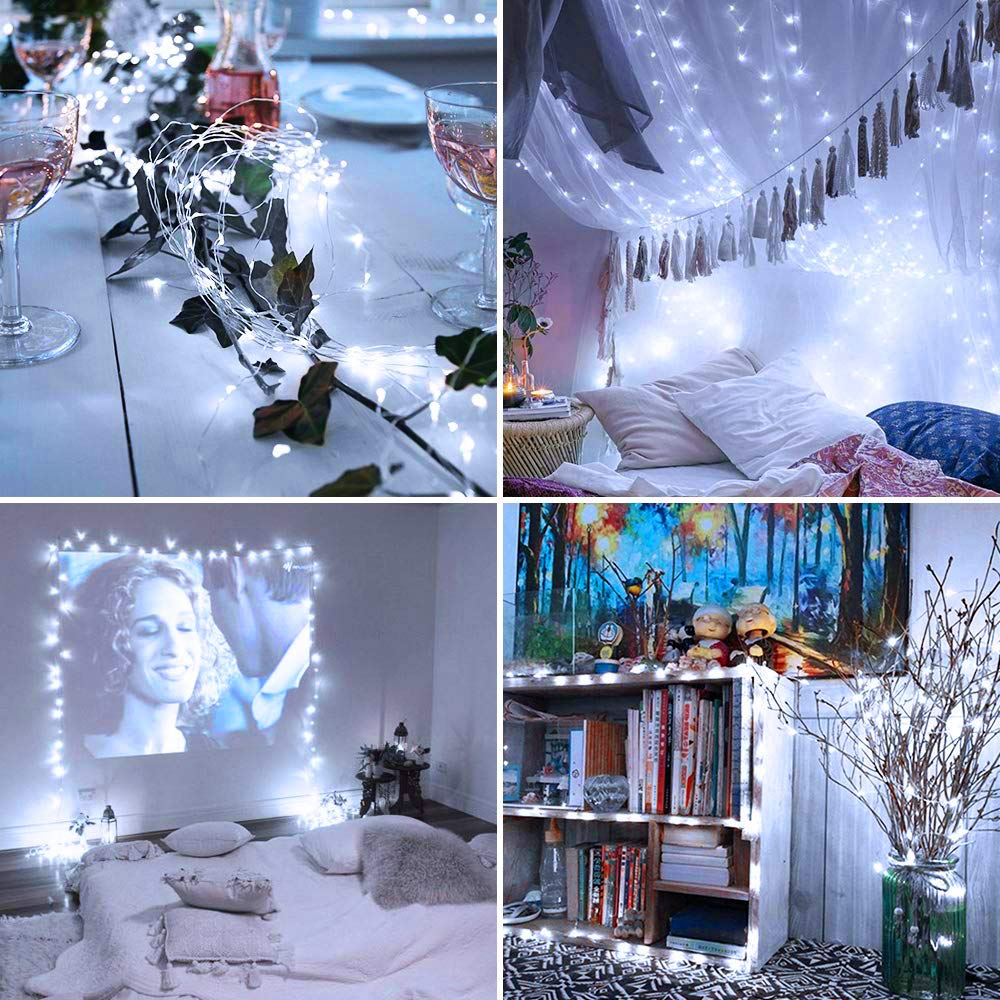 Confezione da 4 luci a 60 LED da 60 LED, con 8 modalità di controllo remoto e timer, impermeabili, filo di rame, luci scintillanti per camera da letto, matrimoni, feste, Natale, bianco freddo