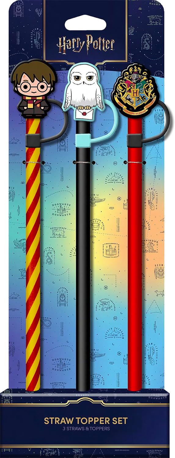 Spoontiques Harry Potter Straw Topper Set, 3 Pack - 12.5”, BPA-Free Straws w/Silicone Charm Topper, Ideal for Water Bottles, Travel Mugs, Tumblers