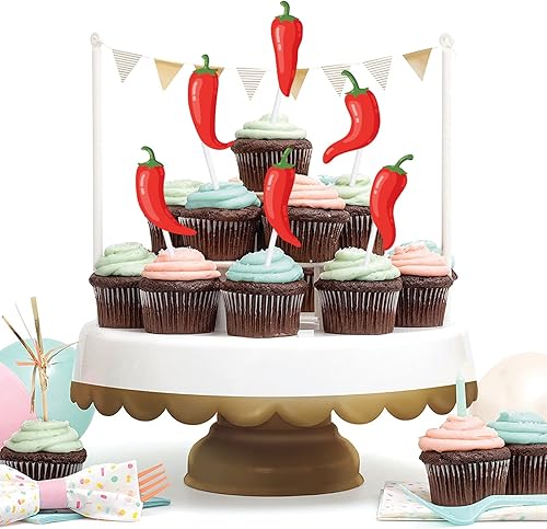 Miniatura 6 de Decoración tradicional para cupcakes de chile con purpurina roja, 18 piezas, decoración temática de comida mexicana, suministros de decoración para