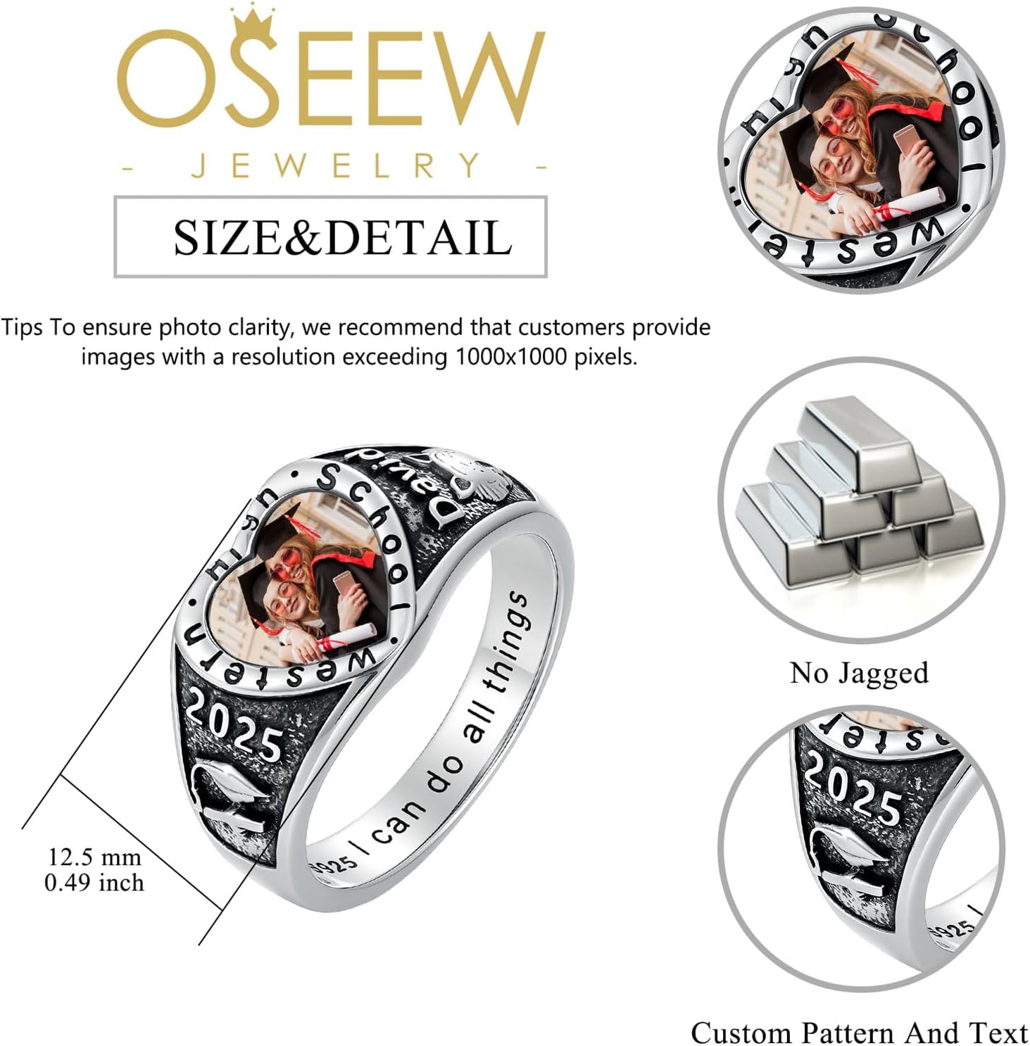 Photo Class Ring womens College High School Rings Heart 2025 Graduation Ring 2026 For Women Sterling Silver/10k 14k 18k gold