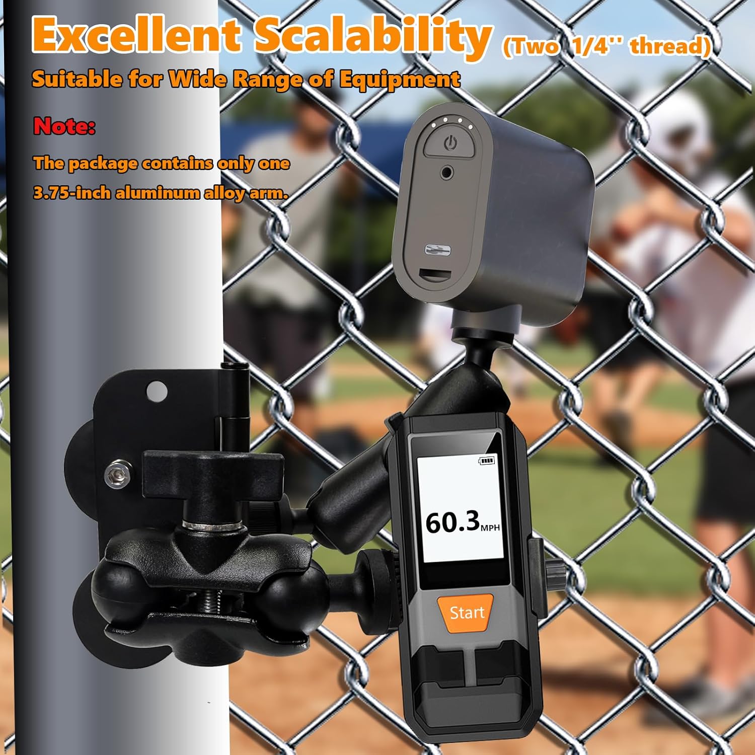 Magnetic Fence Mount for Mevo Camera, Two 1/4" Threaded Points, B Size Ball Head, Aluminum Arm, with Phone Holder, for Recording Baseball and Tennis Game