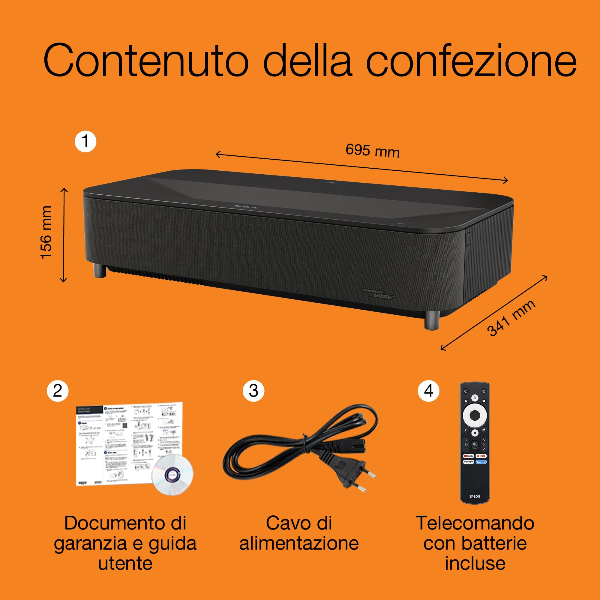 Epson Lifestudio Grand Plus EH-LS970B | Videoproiettore TV Laser Smart Ultracorto 4K | Home Cinema |4.000 Lumen | AI Imaging | Sound By BOSE | Google TV | Display Da 150''| Garanzia di 5 Anni | Nero