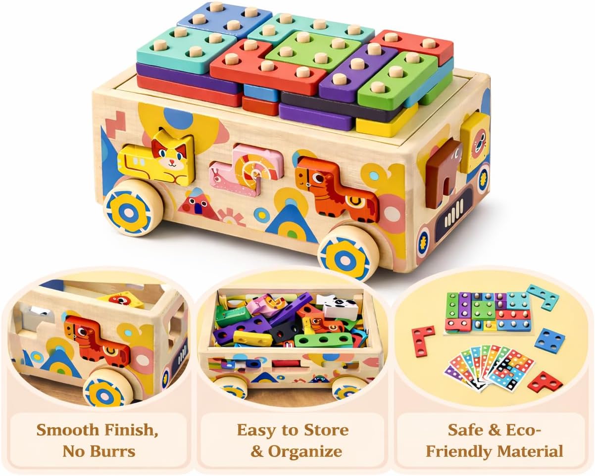 Wooden Montessori Toddler Toy Car Animal Shape Sorting & Peg Stacking Blocks Educational Learning Toy for Toddlers Ages 2-4 Fine Motor Skills Preschool Toy Wooden Shape Sorter Gift for Boys Girls