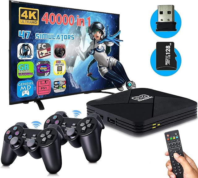 LXYFMS Retro Video Game Console,4K HDMI HD Output Android TV Super Box,with 2 Classic Controllers, Plug and Play Games Console In 47+ Emulator Console For 4k TV HD Output,Gift For Adult/Child