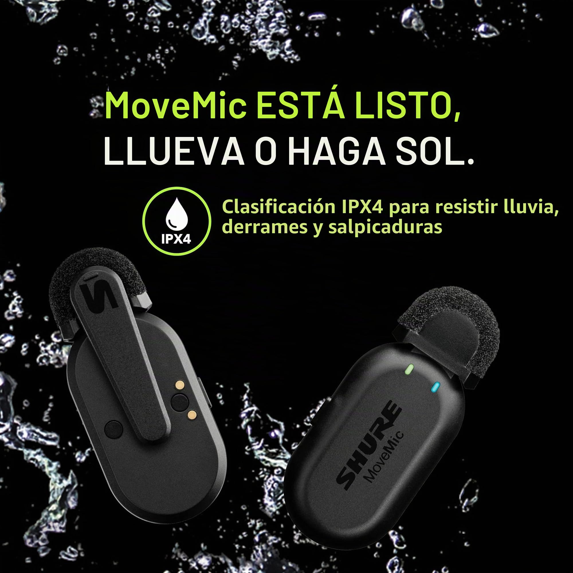 Shure MoveMic Two Kit- Pro Direct to Phone Micrófono inalámbrico Lavalier para iPhone y Android, Bluetooth Mini Mic, Carga de 24 horas, Configuración rápida, IPX4, Portable Clip Lavs (MV-TWO-KIT-Z6)