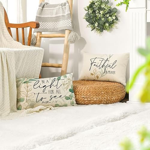 Miniatura 5 de AVOIN colorlife Juego de 4 fundas de almohada de hojas de eucalipto, 12 x 20 pulgadas, diseño de hojas verdes Be A Light for All to See Spring