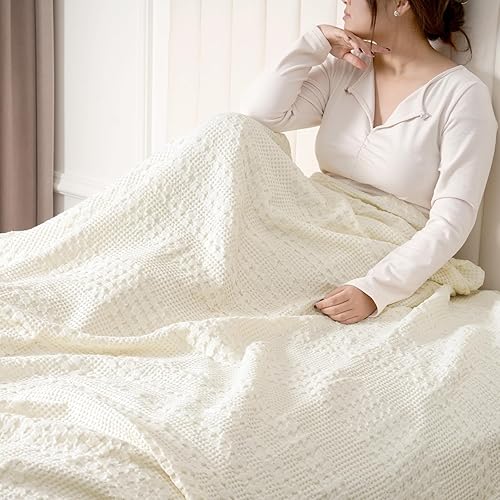 Miniatura 2 de PHF Manta de algodón 100 % de tejido gofre, tamaño individual, manta ligera de algodón lavado para primavera y verano, 66 x 90 pulgadas, manta suave
