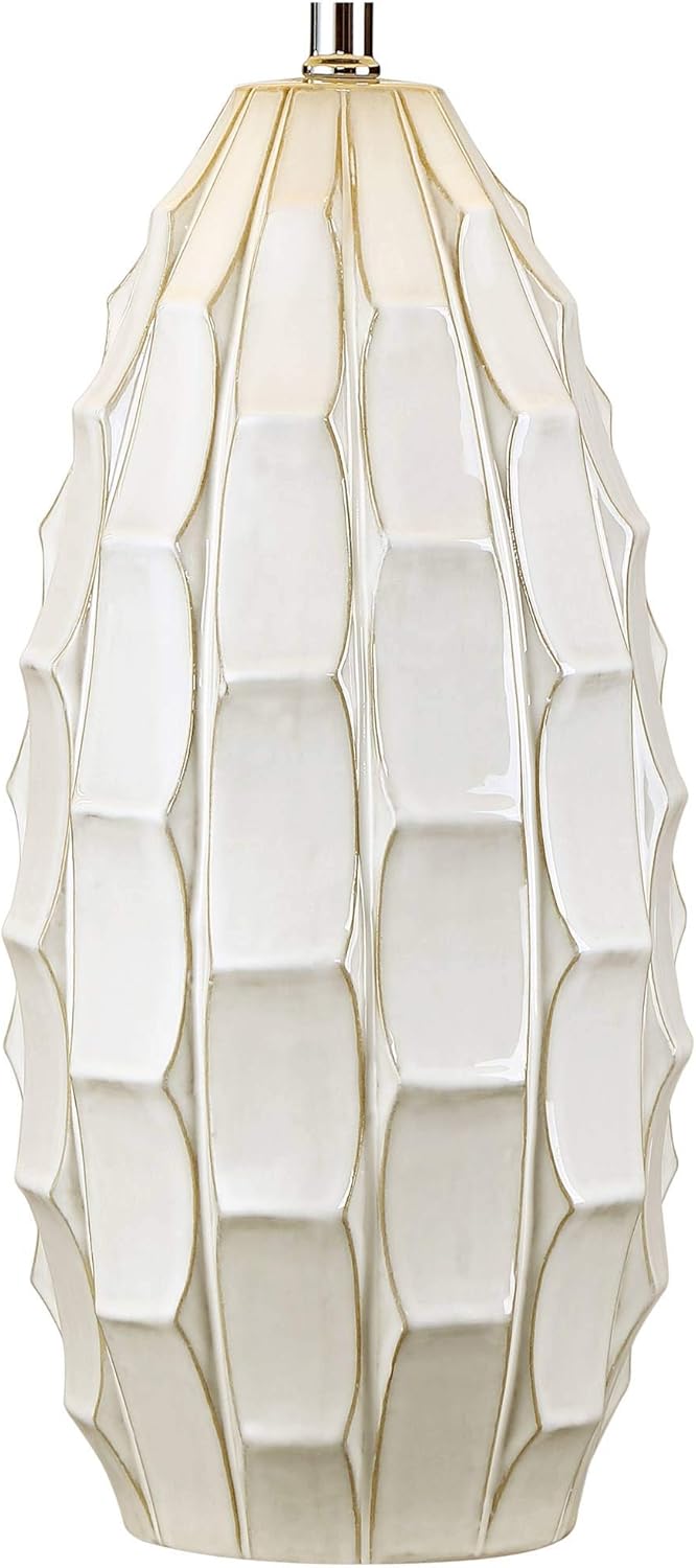 Possini Euro Design Cosgrove Mid Century Modern Coastal 3-Way Table Lamp with Table Top Dimmer 32.75" Tall White Glazed Ceramic Beige Fabric Drum Shade for Living Room Bedroom House (Colors May