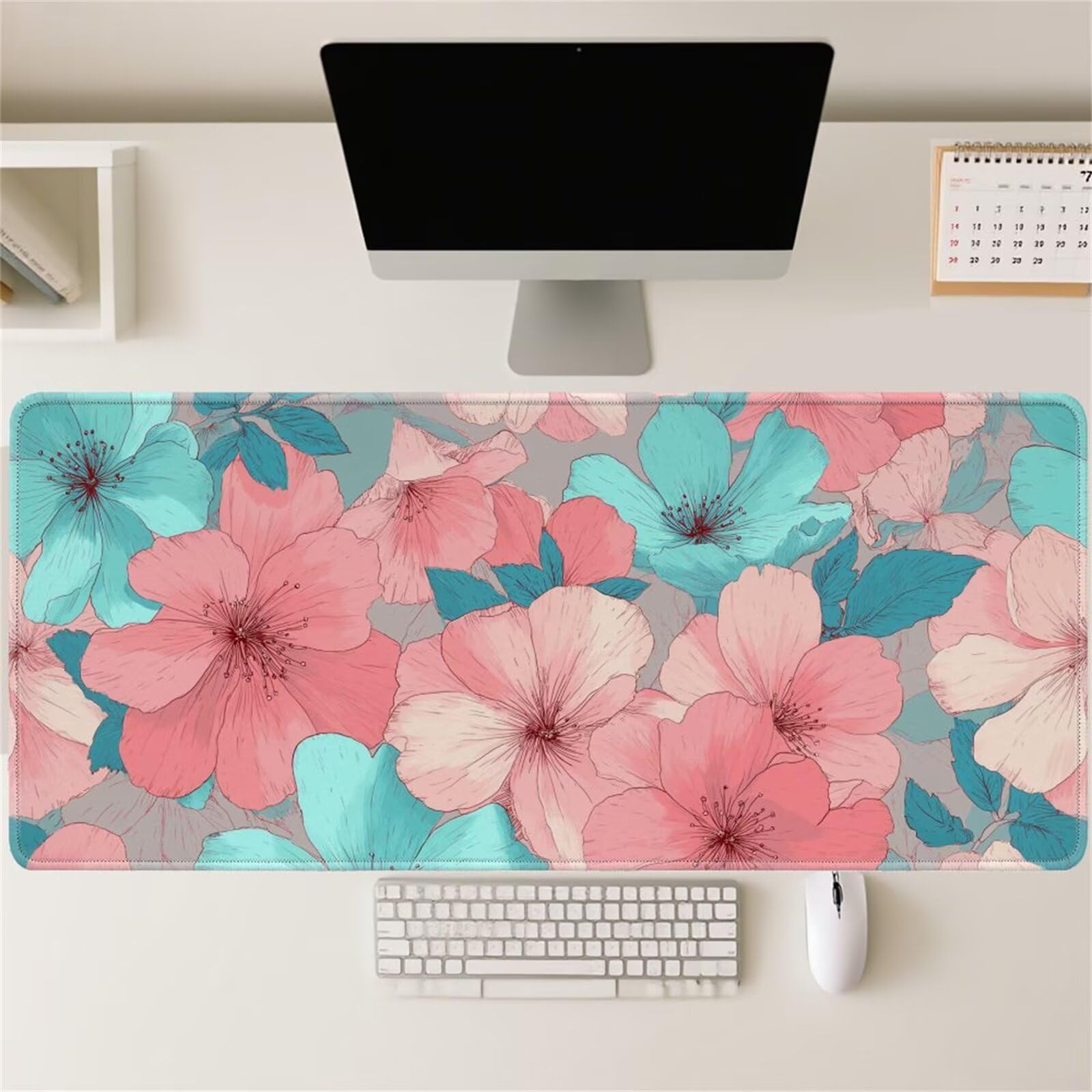 Tappetino Mouse Gaming XXL 1200x600x3 mm, Tappetino da Scrivania Grande, con Bordi Cuciti Rinforzati, Base in Gomma Antiscivolo, Tappetino per Tastiera Lavabile per PC e Laptop, Fiori Rosa Verdi