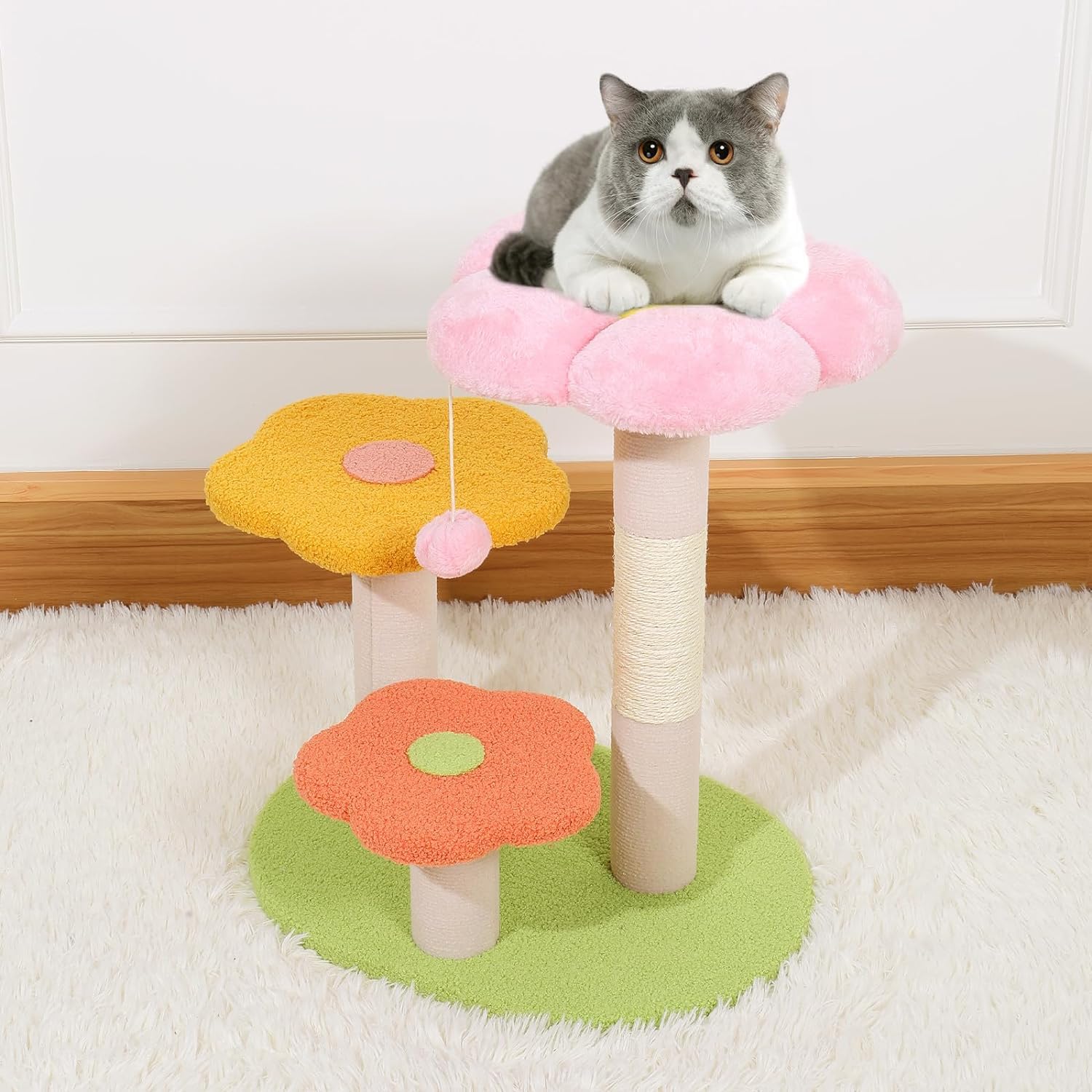 Albero per Gatti da Interno Esterno Tiragraffi per Gatti con Fiori E Tiragraffi per Gatti da Interni con 3 Trespoli in Peluche E Palla Sospesa(19.3 * 14.2 * 22.8in)