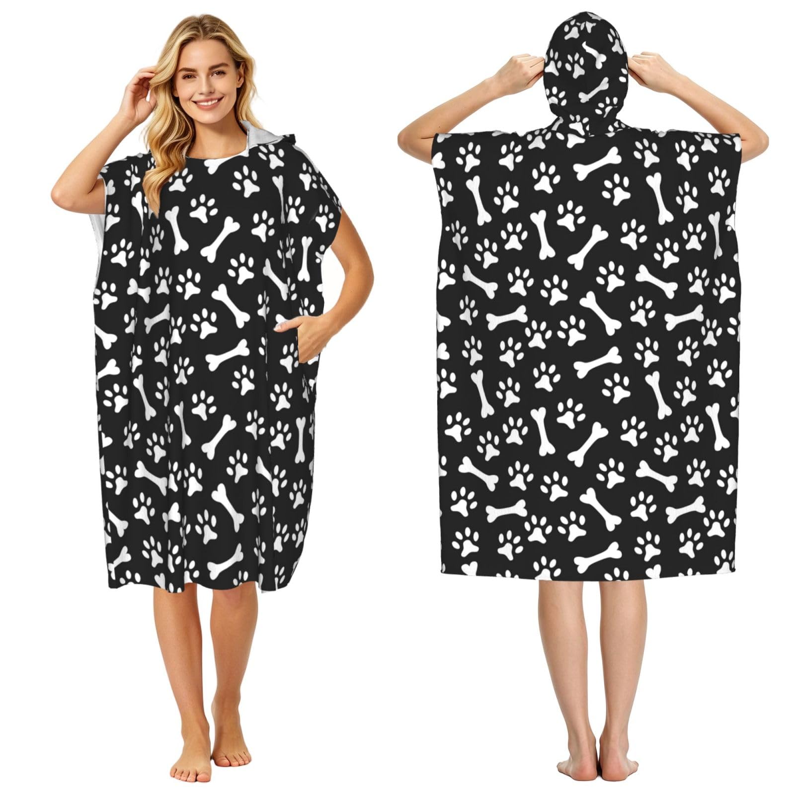 Poadnly Paw Print, Adult Hooded Beach Towel 90 x 110 cm,Changing Bath Robe, Surf Poncho Towel For Women Men
