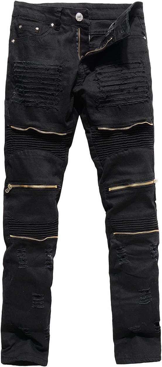 HARRIMen's Distressed Ripped Biker Moto Denim Trousers Pants Slim Fit Zipper Jeans