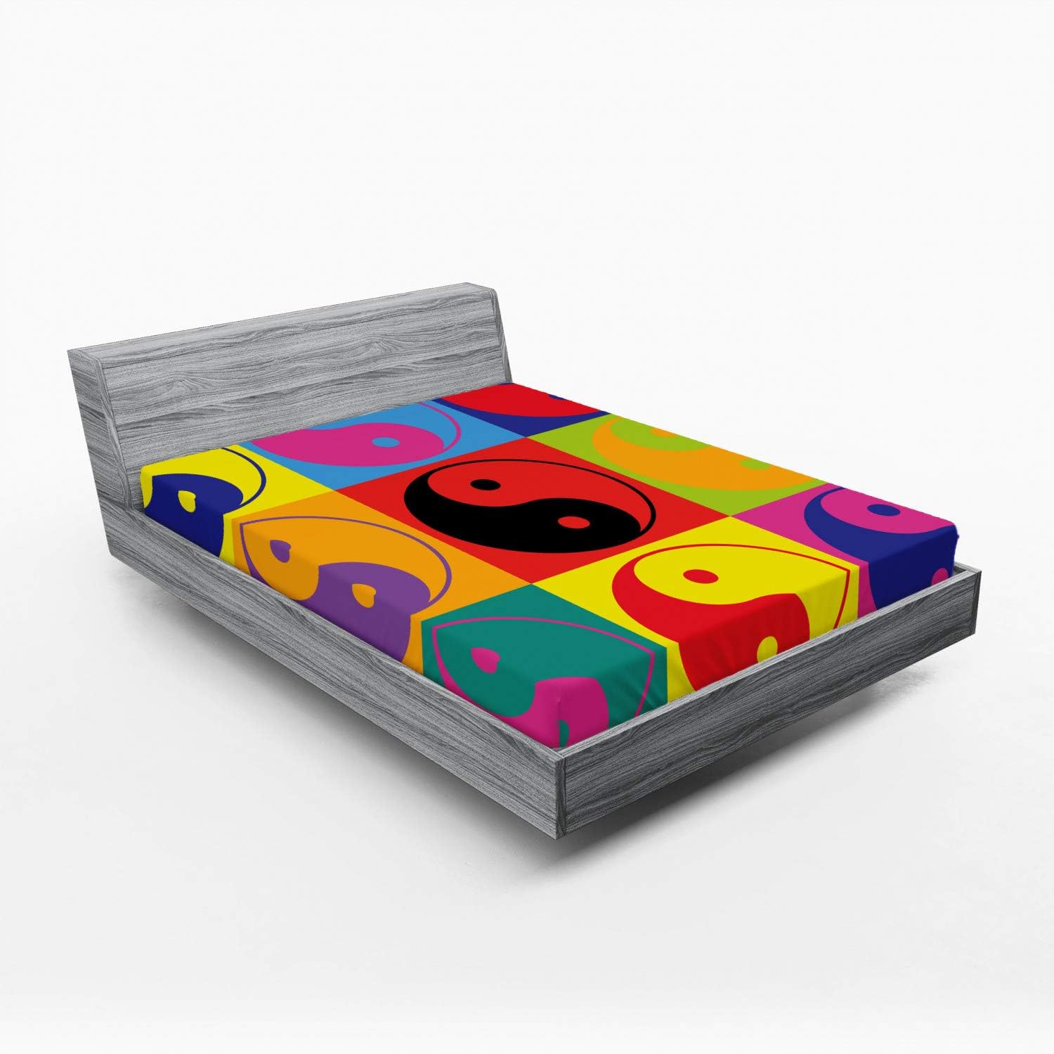 Ambesonne Ying Yang Fitted Sheet, Pop Art Design Yin Yang Signs Hippie Style Eastern Peace and Balance Theme, Bed Cover with All-Round Elastic Deep Pocket for Comfort, Queen Size, Multicolor