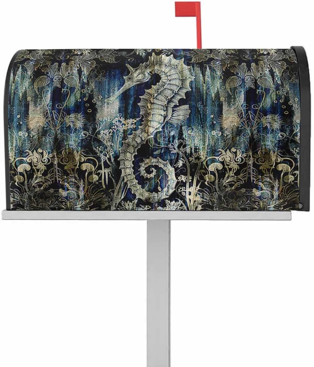 Sea Horse Mailbox Covers Magnetic Standard Size, Decorative Post Letter Numbers Box Wrap Decoration Covers Small Accessories for Garden Yard Outdoor Décor Coastal Ocean Golden Navy Blue Floral Leaf
