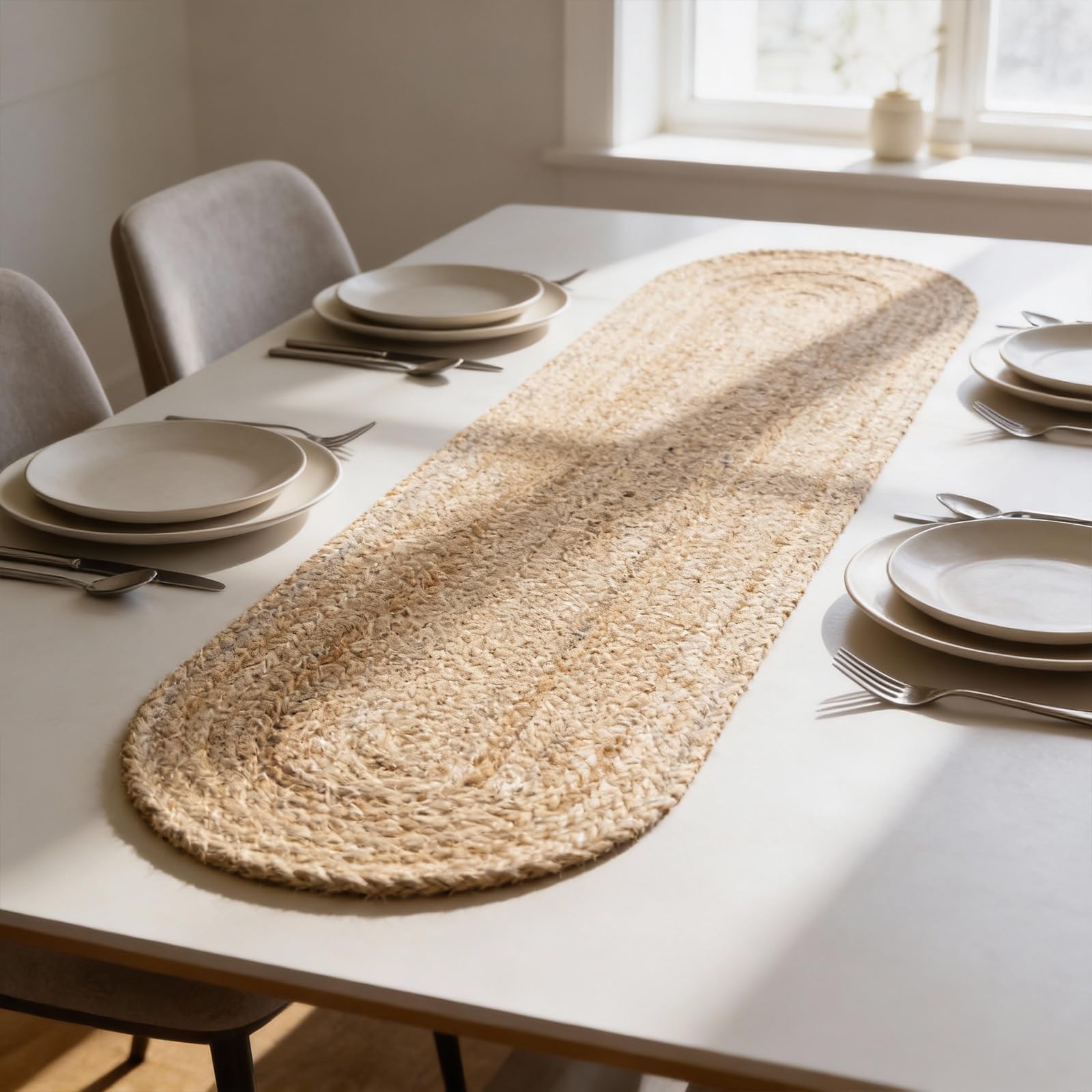 Craft Trade - Runner da tavolo in juta naturale per tavolo da pranzo in stile fattoria, vintage, boho, runner da tavolo da cucina - 33x91 cm ovale