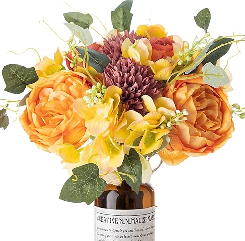 Miniatura 1 de ASTRYAS Flores artificiales, 2 ramos de rosas artificiales de hortensias de seda de peonía falsas, flores naranjas para decoración, flores de otoño