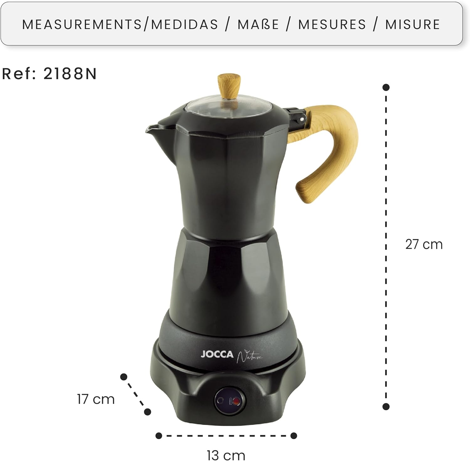 Diagram showing the dimensions of the Jocca Electric Italian Coffee Maker: 13 cm width, 17 cm depth, 27 cm height