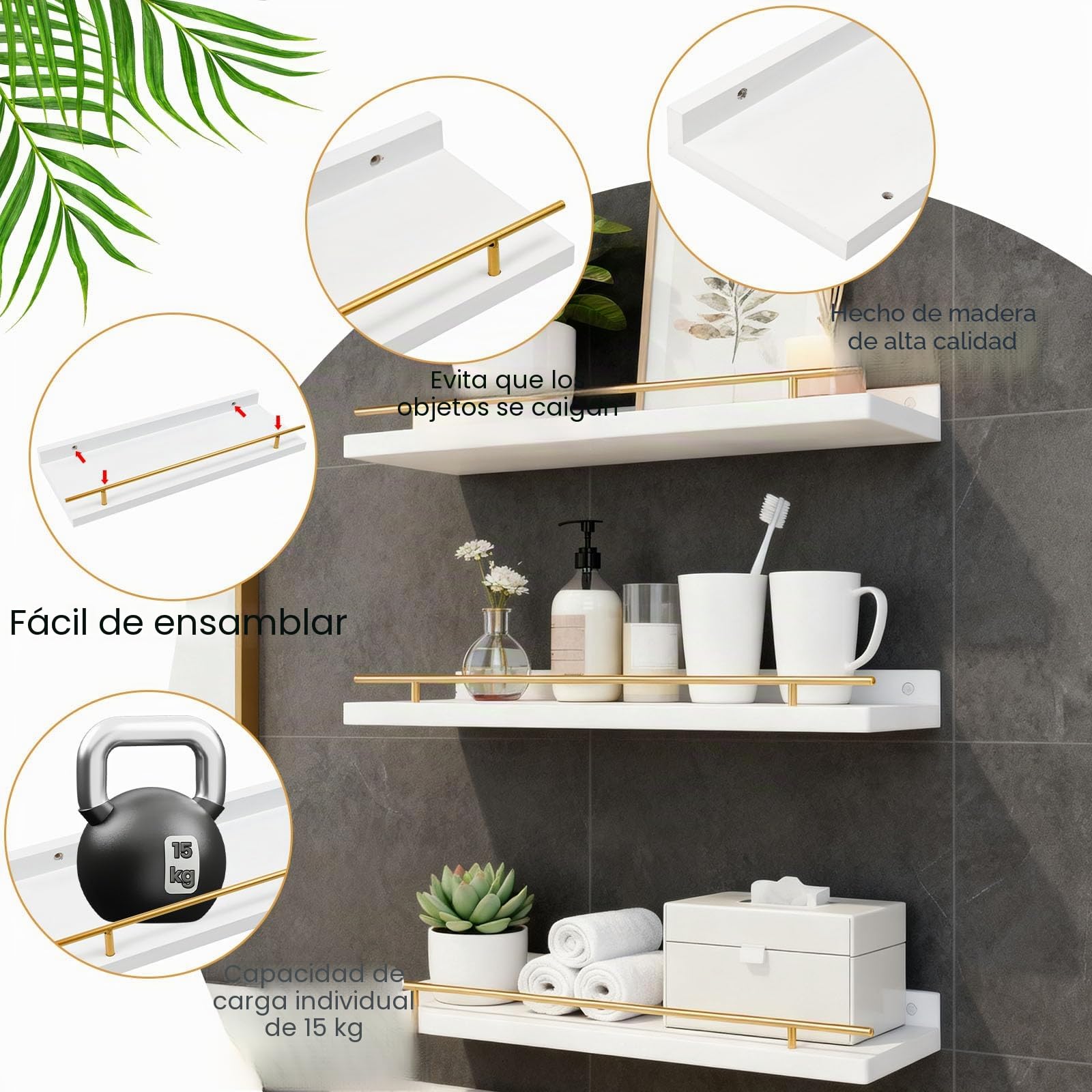 3PCS Estantes Flotantes de Madera 40x15cm, Baldas Flotantes Blancas para Pared, Estanterías de Madera para Pared, Estantes Colgantes dePared para Dormitorio, Cocina, Oficina o Sala de Estar