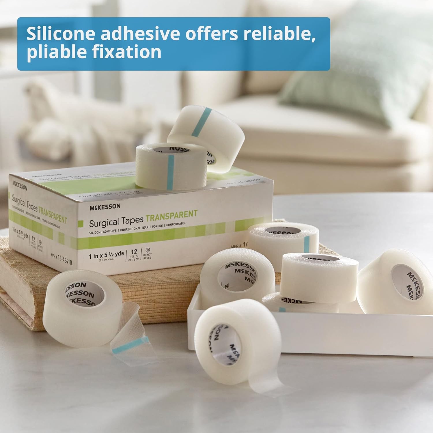 McKesson Surgical Tape, Non-Sterile, Transparent Plastic/Silicone, 1 in x 5 1/2 yd, 12 Rolls, 1 Pack